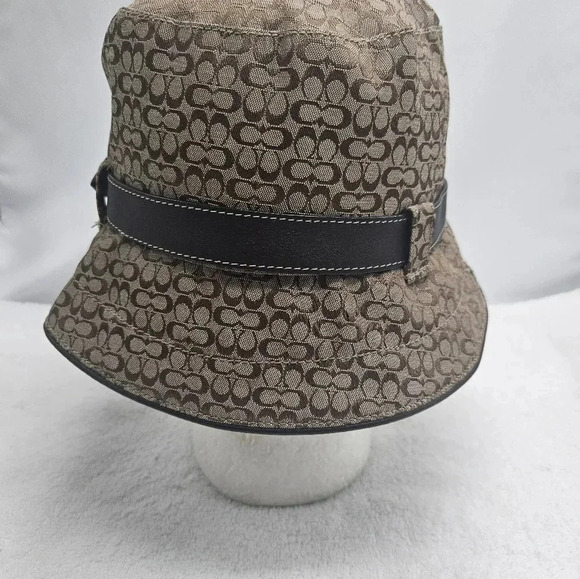 Coach Signature Logo Bucket Hat Brown Canvas Leather Trim Buckle Unisex Size S/P - Picture 6 of 7